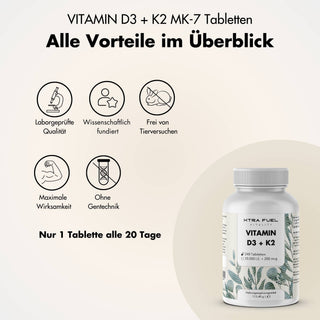 Vitamin D3 + K2 tablets - 20,000 I.U. + 200mcg - 100% pure & high-dose