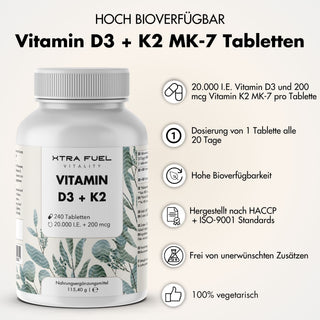 Vitamin D3 + K2 tablets - 20,000 I.U. + 200mcg - 100% pure & high-dose