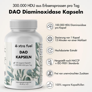 DAO DiAminOxidase capsules - Vegan source from pea sprouts with 300,000 HDU per day