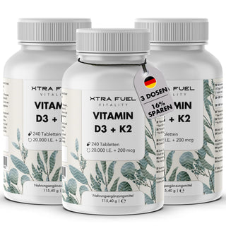 Vitamin D3 + K2 tablets - 20,000 I.U. + 200mcg - 100% pure & high-dose
