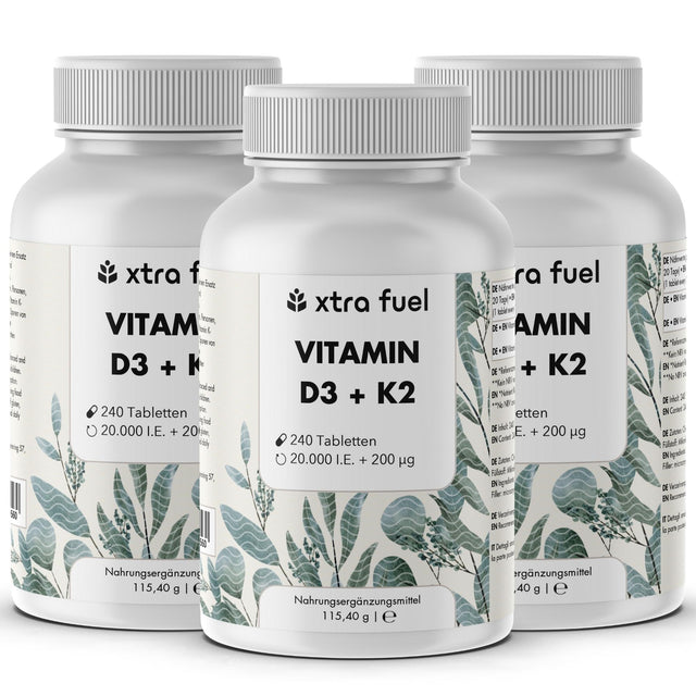 Vitamin D3 + K2 tablets - 20,000 I.U. + 200mcg - 100% pure & high-dose