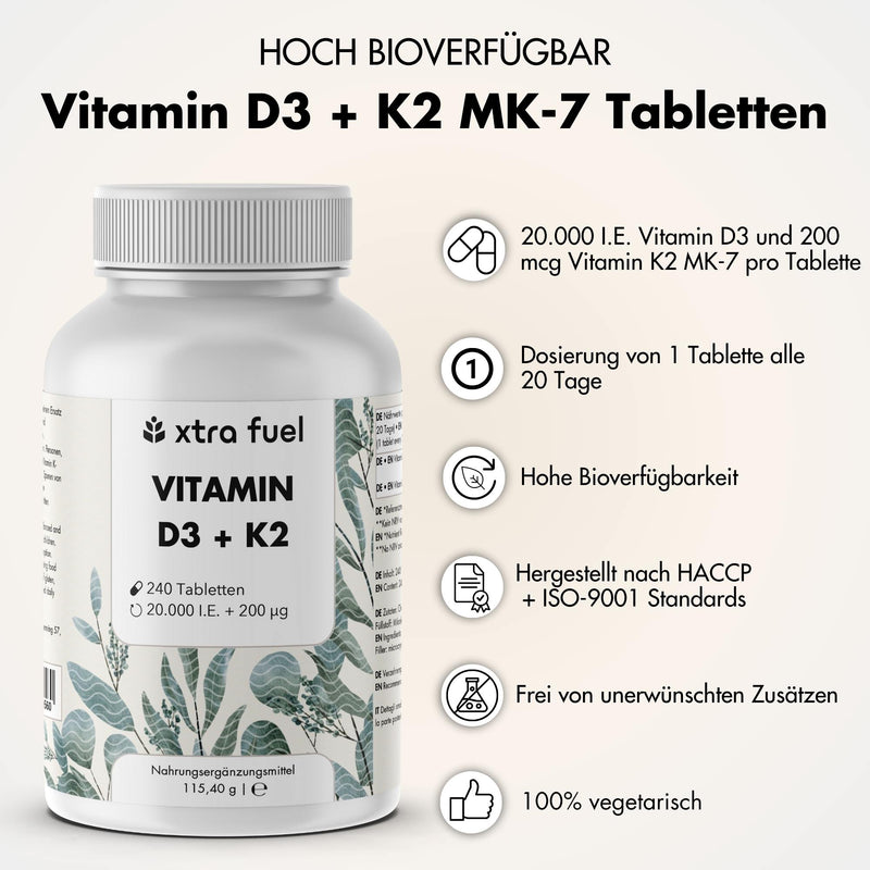 Vitamin D3 + K2 tablets - 20,000 I.U. + 200mcg - 100% pure & high-dose