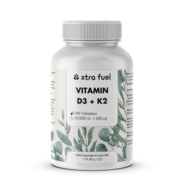 Vitamin D3 + K2 tablets - 20,000 I.U. + 200mcg - 100% pure & high-dose