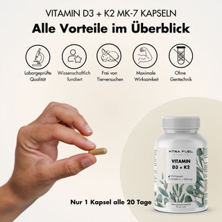 Vitamin D3 + K2 capsules - 20,000 I.U. + 200mcg - highly pure & vegetarian