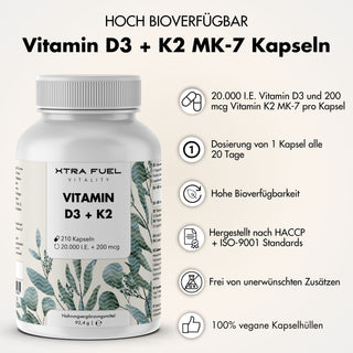 Vitamin D3 + K2 capsules - 20,000 I.U. + 200mcg - highly pure & vegetarian