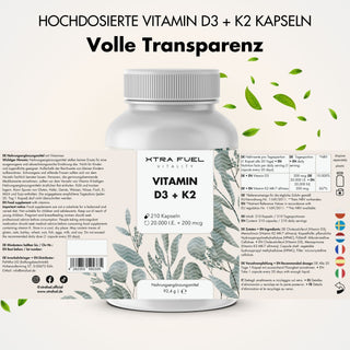 Vitamin D3 + K2 capsules - 20,000 I.U. + 200mcg - highly pure & vegetarian