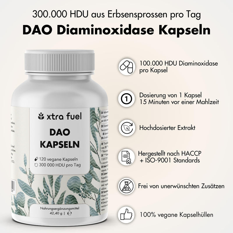 DAO DiAminOxidase capsules - Vegan source from pea sprouts with 300,000 HDU per day