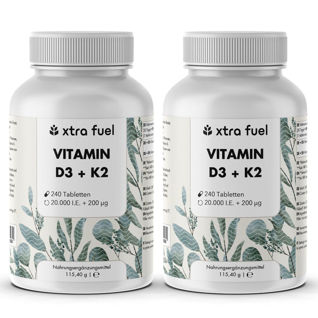 Vitamin D3 + K2 tablets - 20,000 I.U. + 200mcg - 100% pure & high-dose