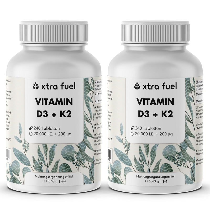 Vitamin D3 + K2 tablets - 20,000 I.U. + 200mcg - 100% pure & high-dose